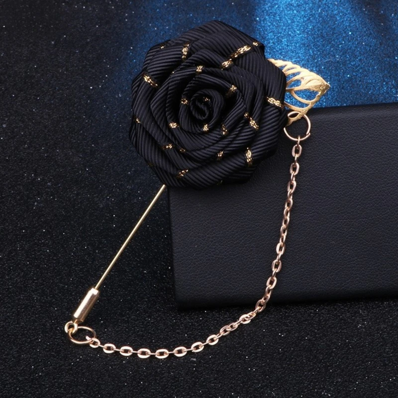 Golden Striped Floral Lapel Pin With Metal Flower and Chain. FLP-10 - Image 10