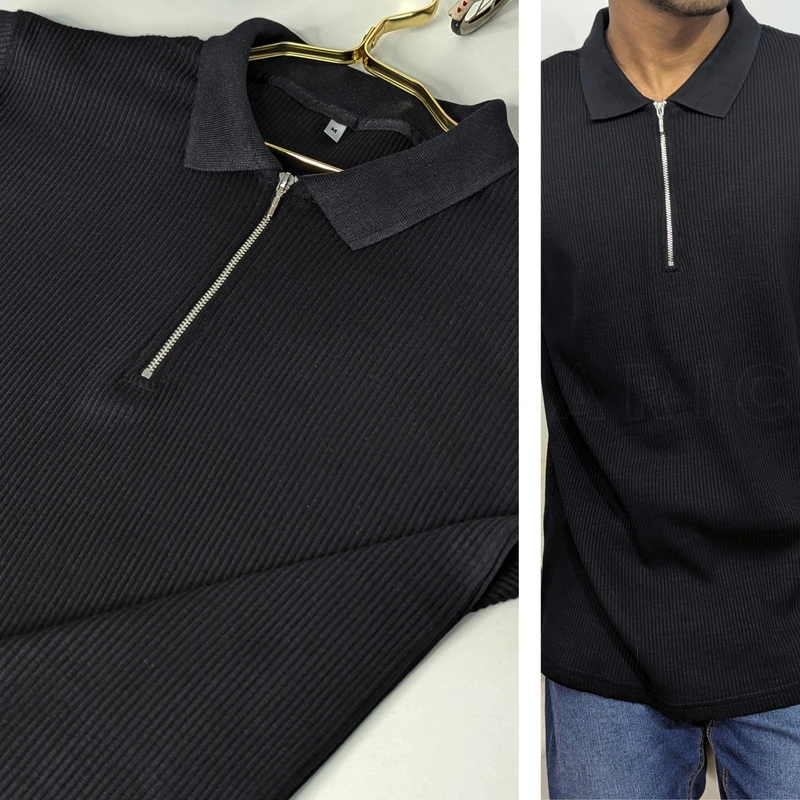 Black Ribbed Cotton Polo. PK-17