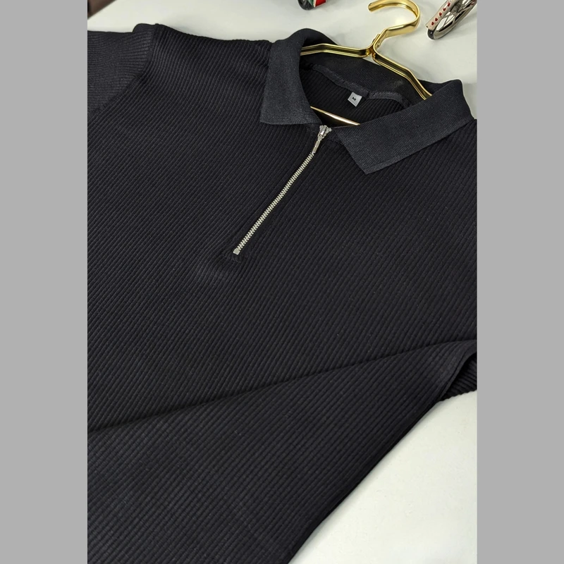 Black Ribbed Cotton Polo. PK-17