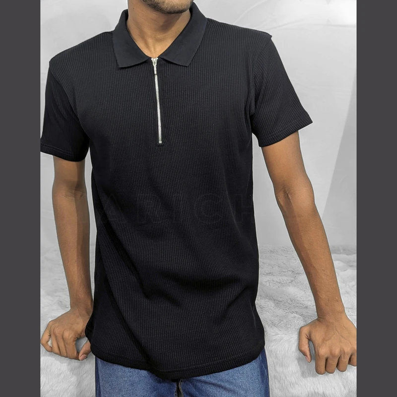 Black Ribbed Cotton Polo. PK-17 - Image 3