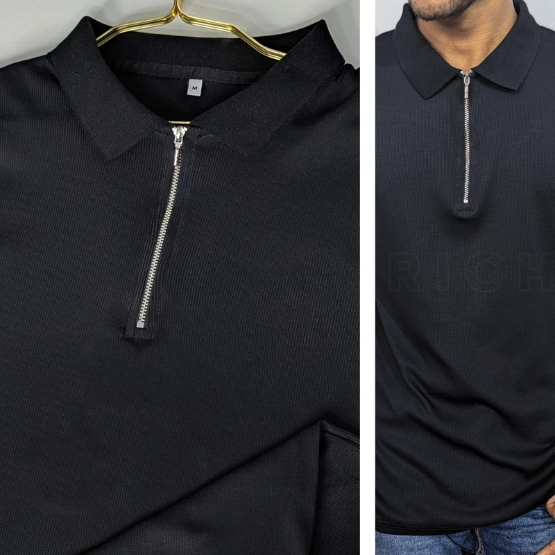Black Ribbed Cotton Polo. PK-10