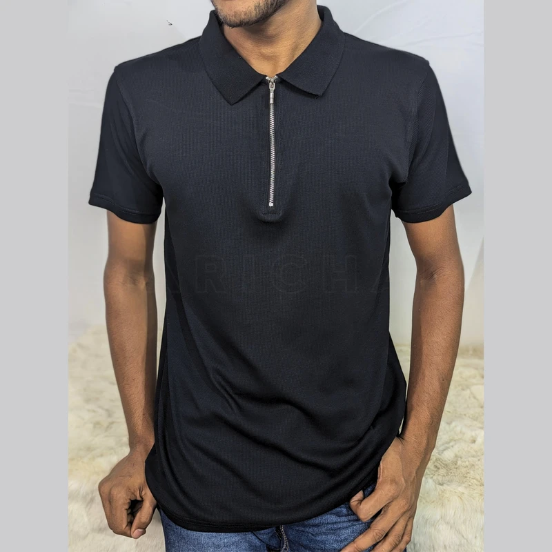 Black Ribbed Cotton Polo. PK-10 - Image 3