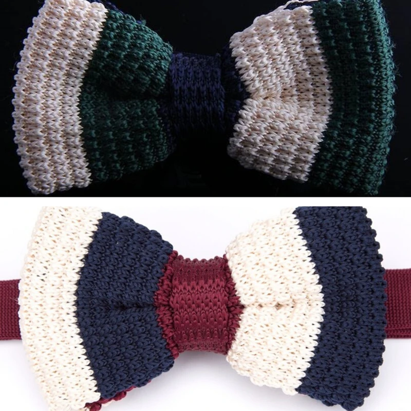 Blue-Blue-Maroon-Green Striped Knitted Bow Tie. Bow-7