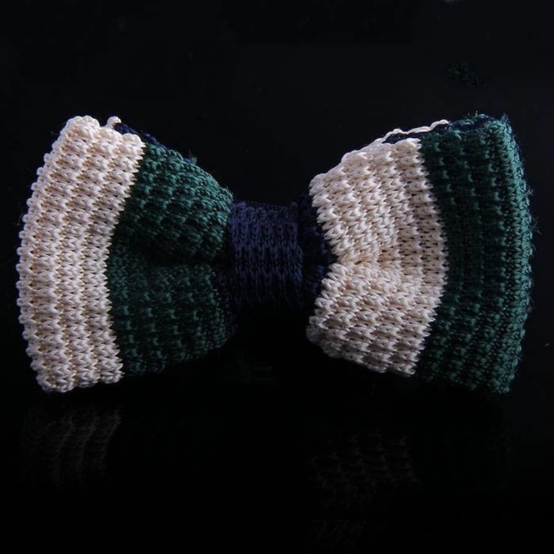 Blue-Blue-Maroon-Green Striped Knitted Bow Tie. Bow-7
