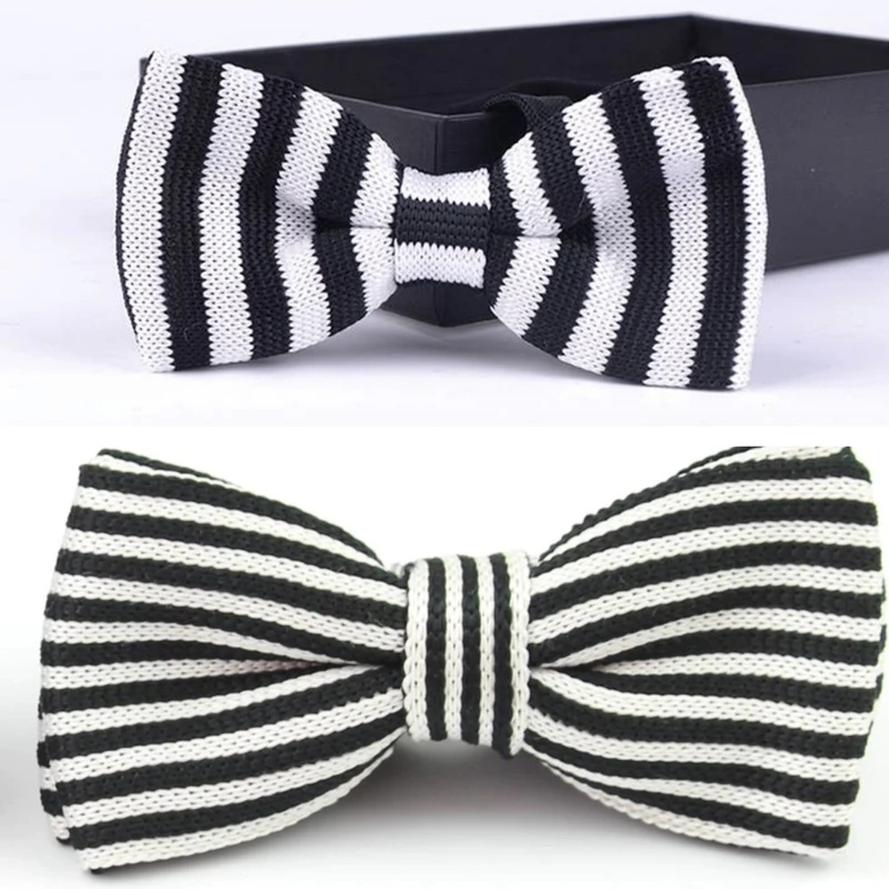 Black & White Striped Knitted Bow Tie. Bow-4