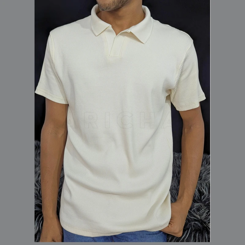 Cream Ribbed Cotton Polo. PK-07 - Image 3