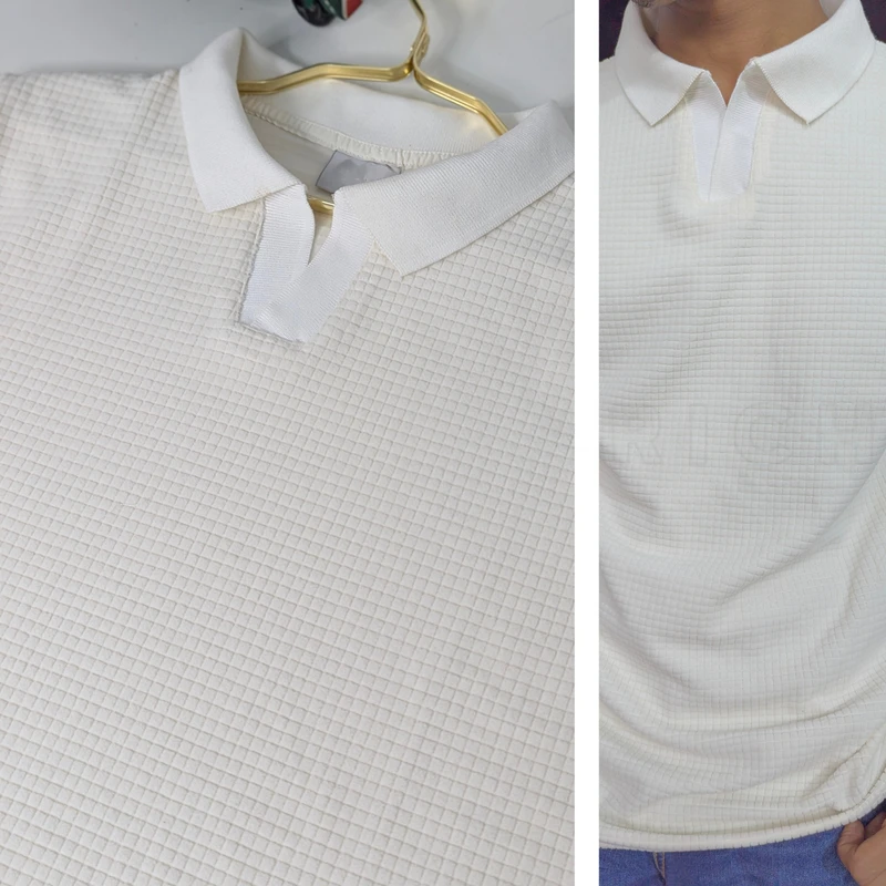 Grid  Off White Textured Rib Cotton Polo. PK-20