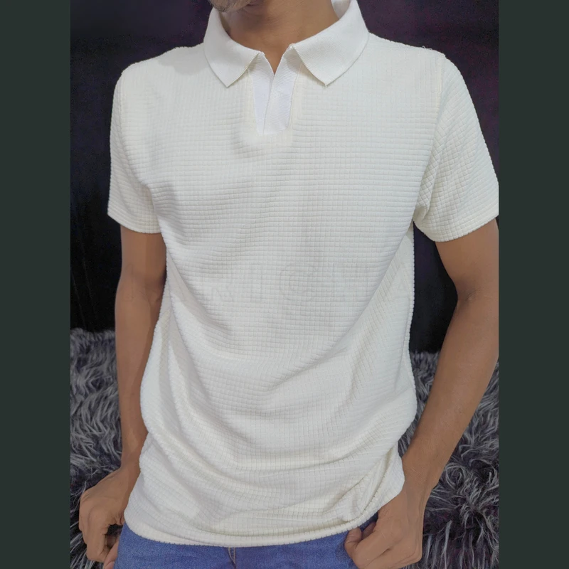 Grid  Off White Textured Rib Cotton Polo. PK-20 - Image 3