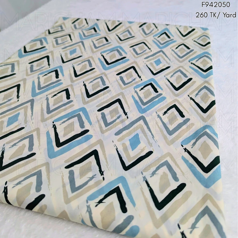 Cream-Sky-Black Geometric Pattern Cotton Fabric F942050