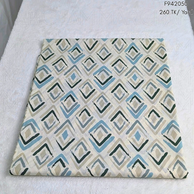 Cream-Sky-Black Geometric Pattern Cotton Fabric F942050 - Image 3