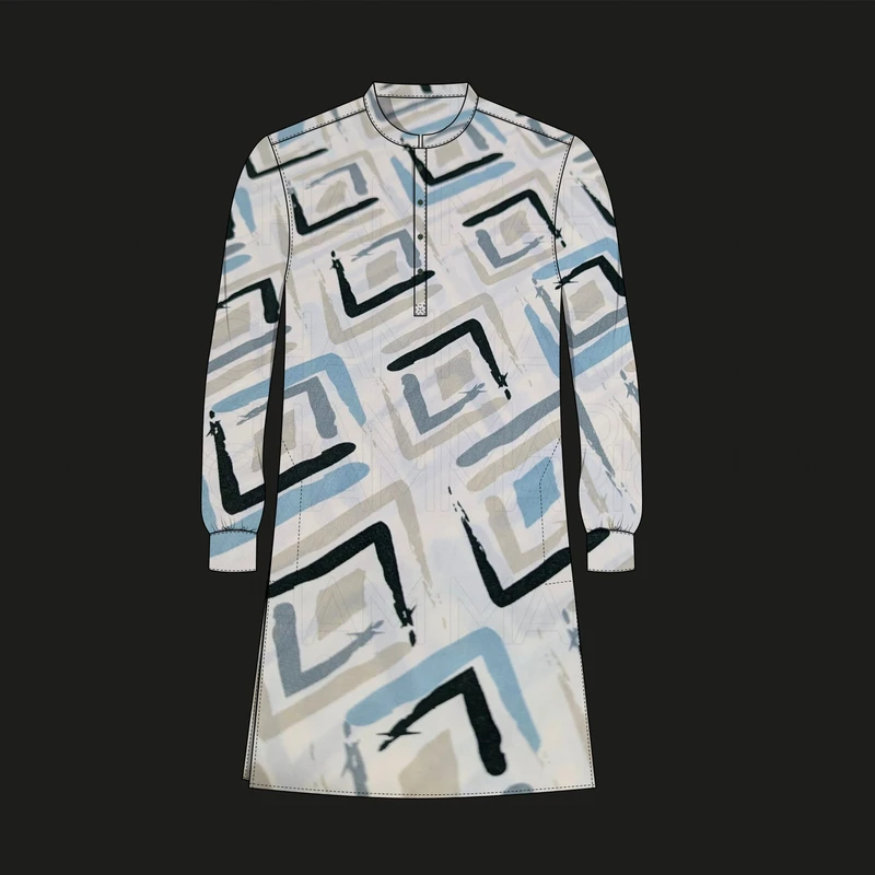 Cream-Sky-Black Geometric Pattern Cotton Fabric F942050 - Image 7