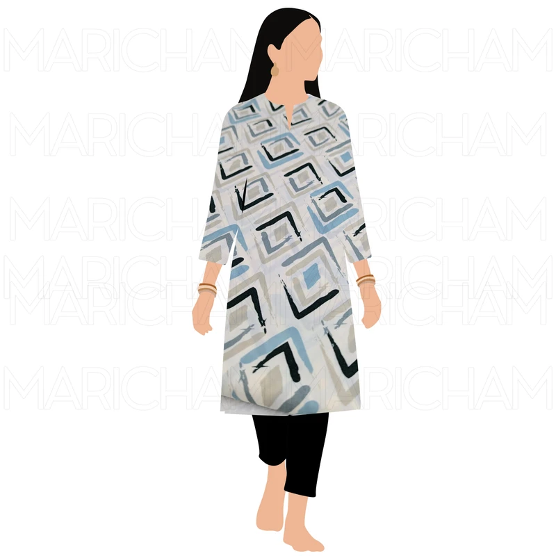 Cream-Sky-Black Geometric Pattern Cotton Fabric F942050 - Image 9