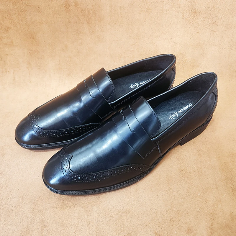 Semi Brogue Leather Loafer in Black