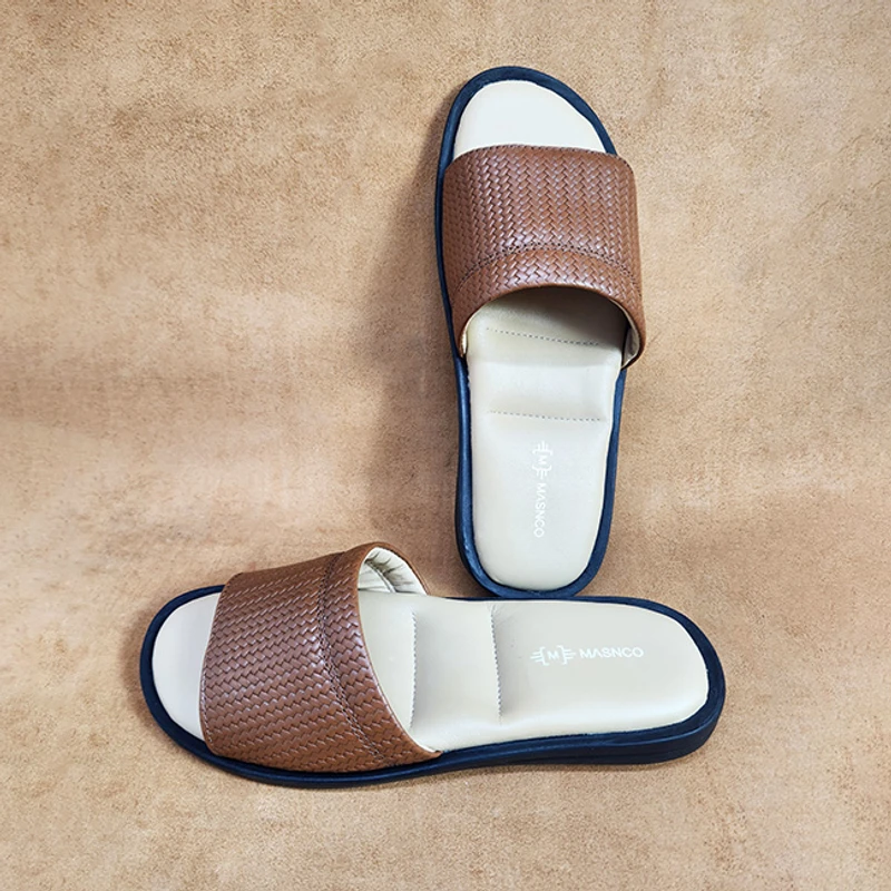 Leather Slider with maximum comfort in Printed Light Brown