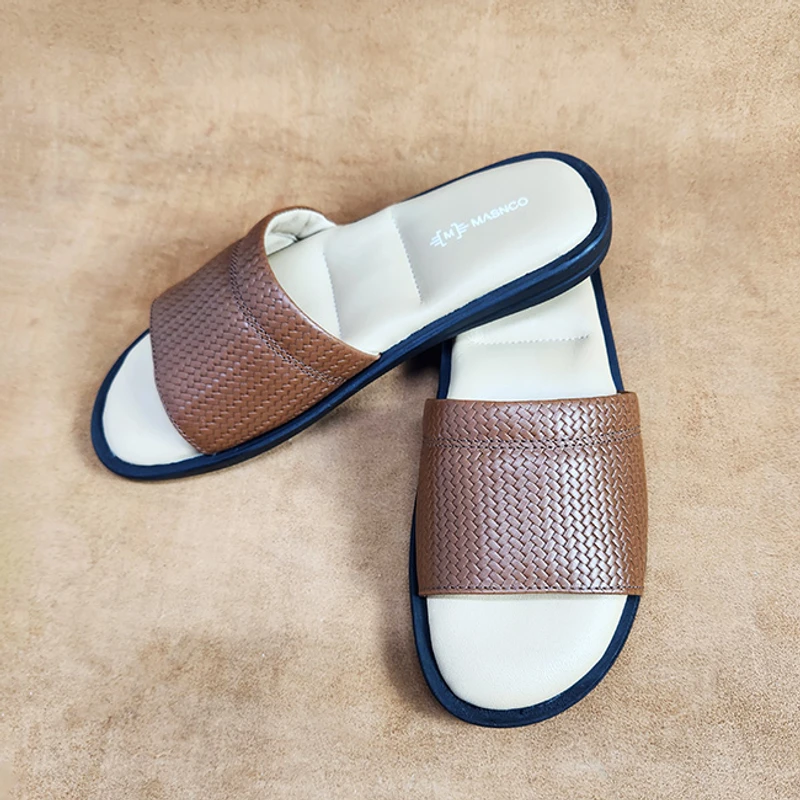 Leather Slider with maximum comfort in Printed Light Brown - Image 4