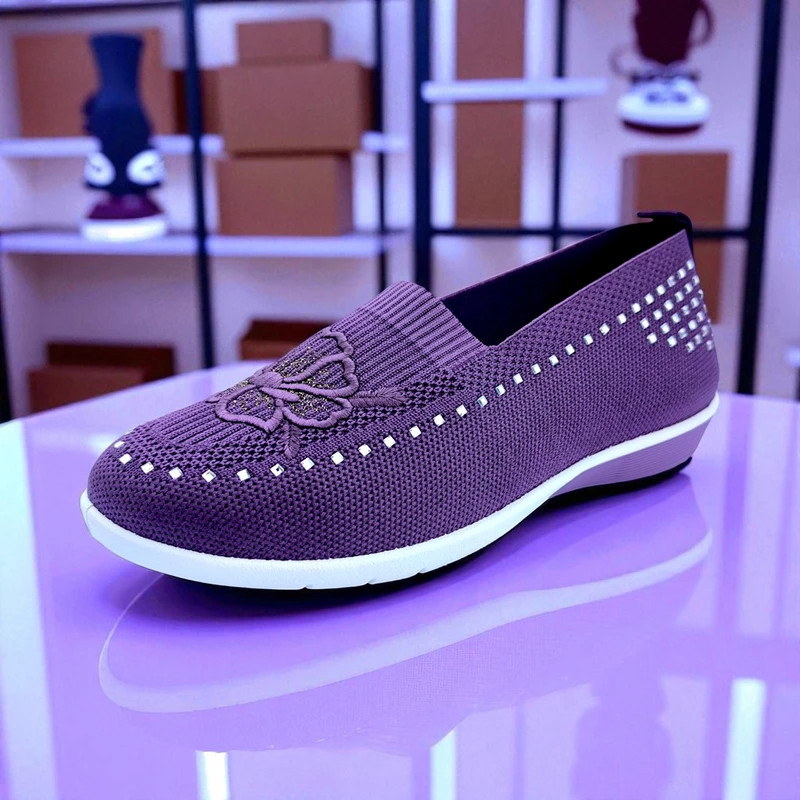 401 - Purple  Wedge Sneakers with Knitted Design—Chic and Comfortable Look