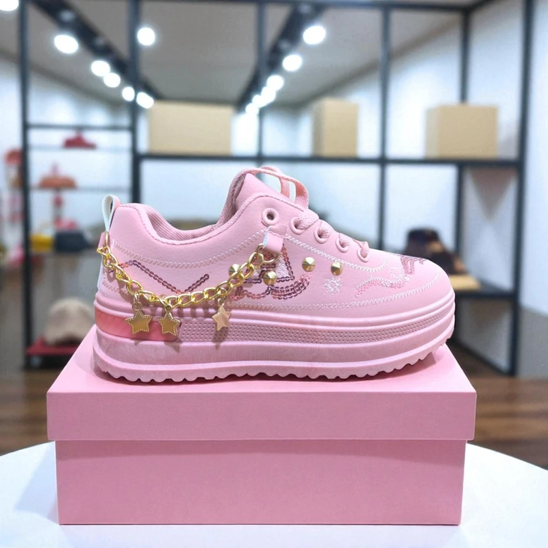 223 - Pink Sneakers with Star Chain and Sequin Design—Perfect for Stylish, Casual Days