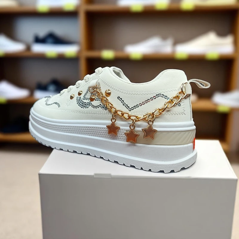 223 - White Sneakers with Star Chain and Sequin Design—Perfect for Stylish, Casual Days - Image 3
