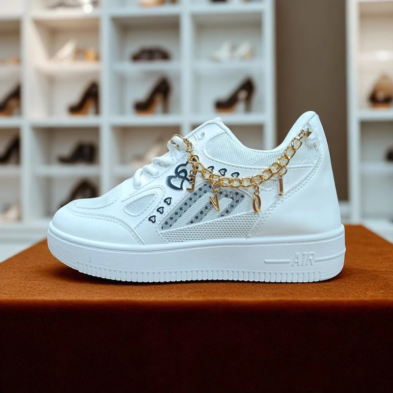 228 - White Sneakers with Heart and Star Design and Gold Charm Chain—Perfect for Trendy and Fun Look