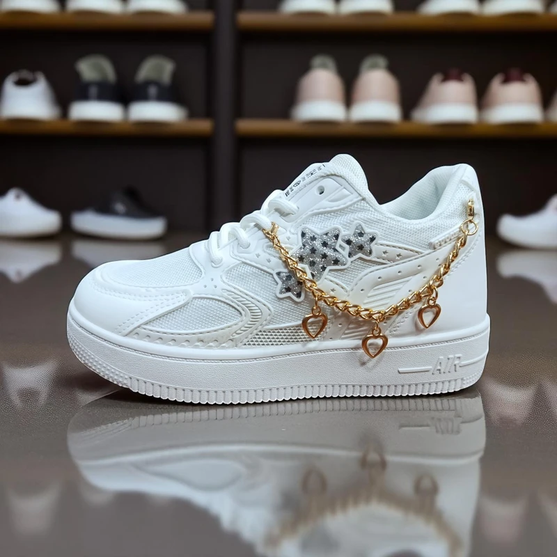 229 - Trendy White Sneakers with Star Chain and Sequin Design—Perfect for Stylish, Casual Days