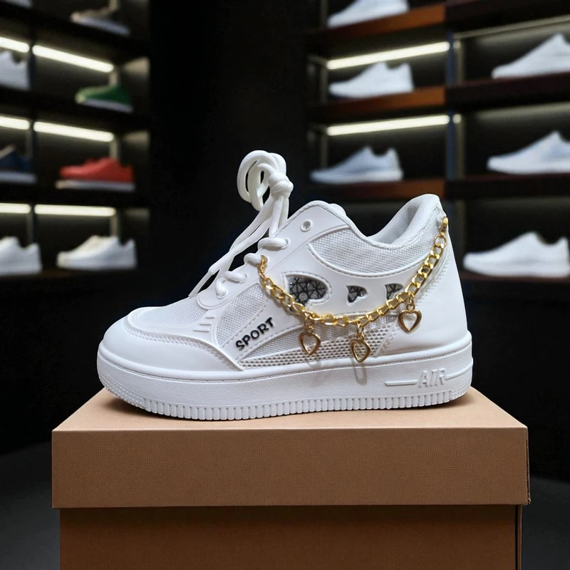 227-White Sneakers with Heart-Shaped Charms & Gold Chain—Charming & Elegant Casual Footwear