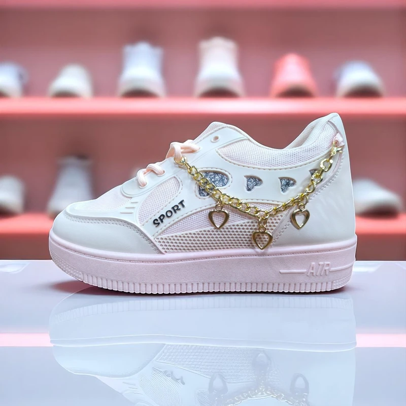 227-Pink Sneakers with Heart Charms & Gold Chain—Chic & Feminine Casual Footwear