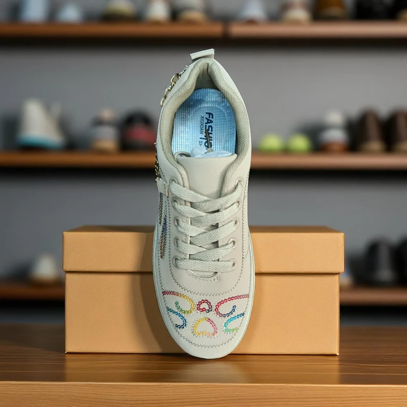 225 - Colorful Embroidered White Sneakers with Trendy Design and Chain Accents—Perfect for Casual and Fashionable Looks - Image 5