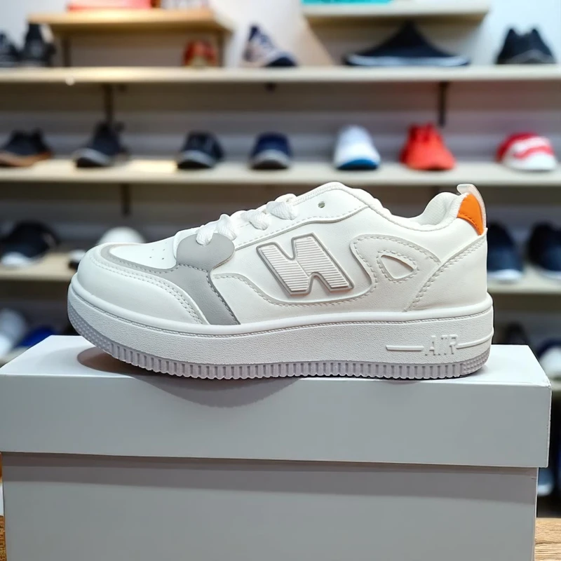 213 - White Sneakers with Grey and Orange Accent—Sporty and Stylish Look