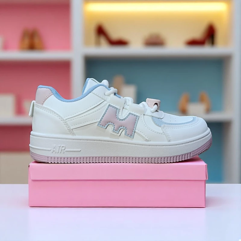 217- Pink and Blue Accented White Sneakers—Colorful & Trendy Casual Footwear
