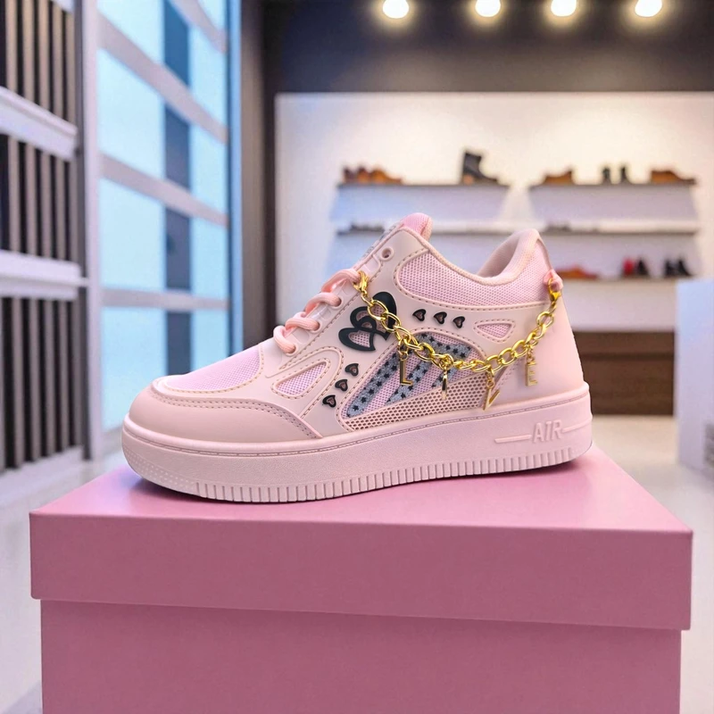 228 - Pink Sneakers with Heart & Star Design & Gold Charm Chain – দারুন কিউট, ট্রেন্ডি মেয়েদের জন্য স্টাইলিশ চয়েস