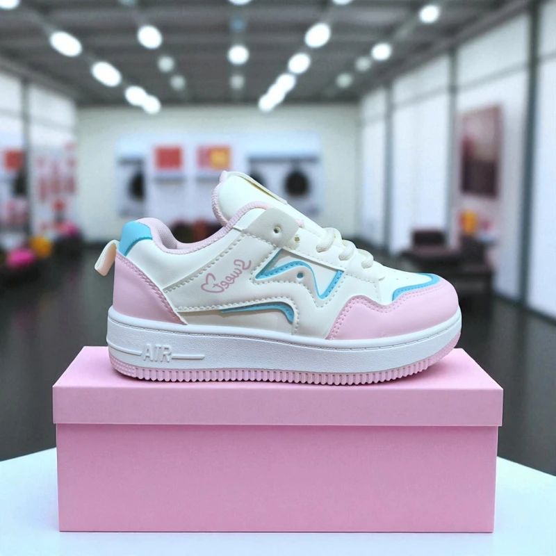 214-Pink and White Sneakers with Blue Accents—Stylish & Trendy Casual Footwear