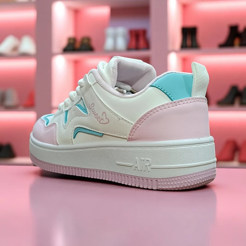 214-Pink and White Sneakers with Blue Accents—Stylish & Trendy Casual Footwear