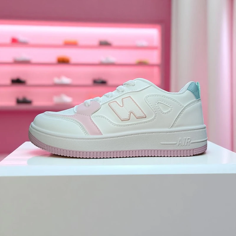 213- Pink and Blue Accented White Sneakers—Chic & Stylish Casual Footwear
