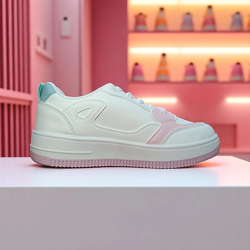 213- Pink and Blue Accented White Sneakers—Chic & Stylish Casual Footwear