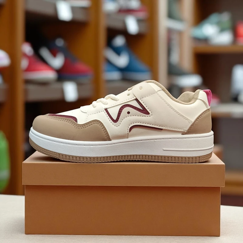 214 - White Sneakers with Beige and Maroon Accent—Trendy and Casual Look