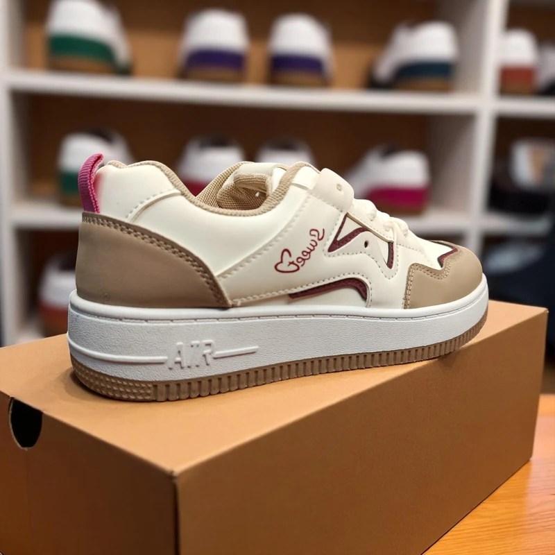 214 - White Sneakers with Beige and Maroon Accent—Trendy and Casual Look