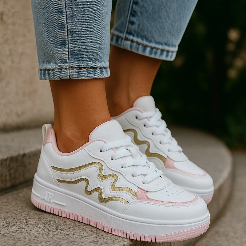 221- Pink Sneaker with Gold Accents—Chic & Elegant Casual Footwear