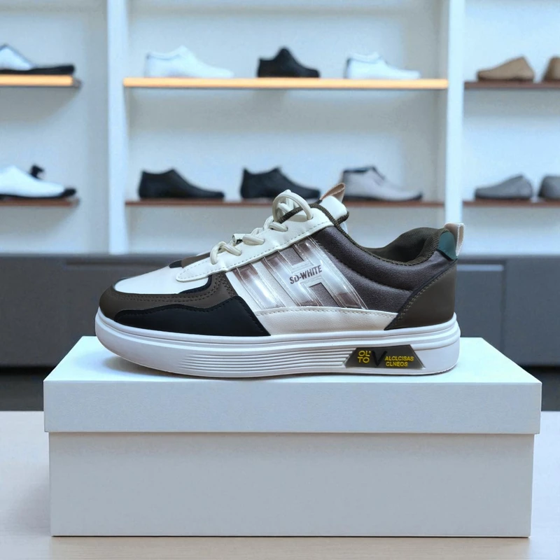 303-Beige  White Sneaker Displayed on White Box in Store Environment