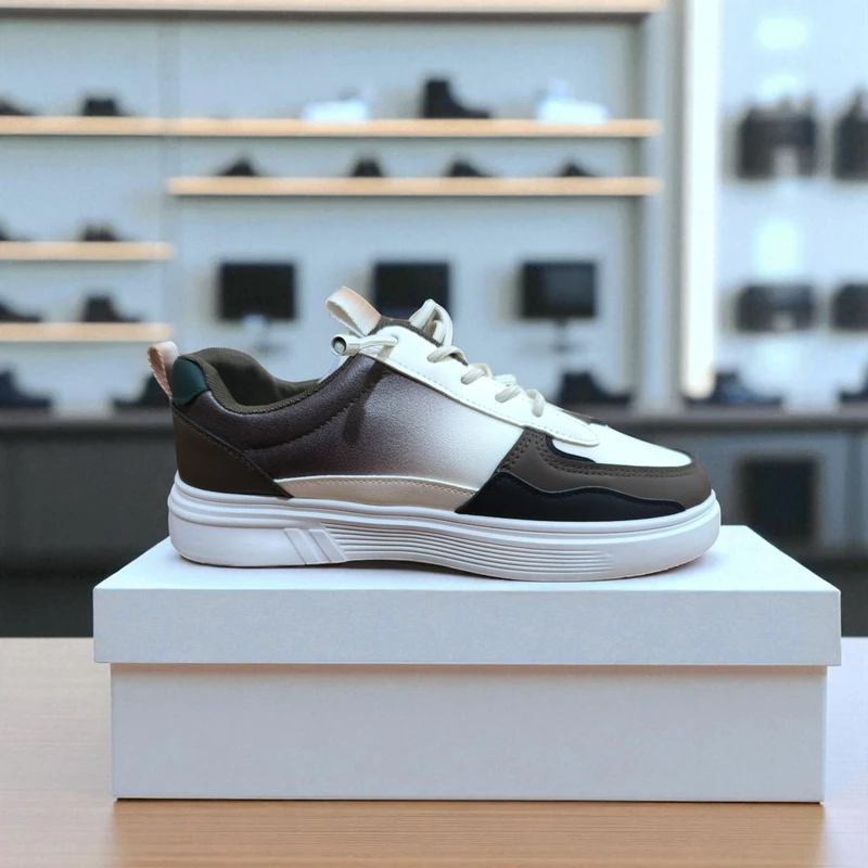 303-Beige  White Sneaker Displayed on White Box in Store Environment