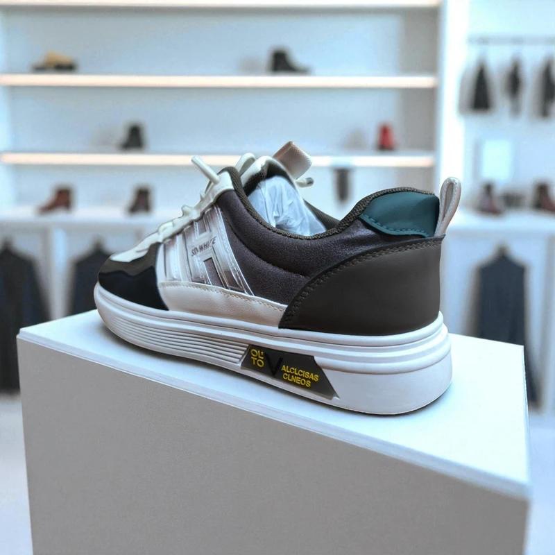 303-Beige  White Sneaker Displayed on White Box in Store Environment - Image 3