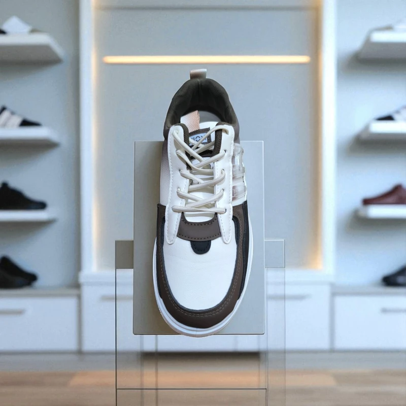 303-Beige  White Sneaker Displayed on White Box in Store Environment - Image 4