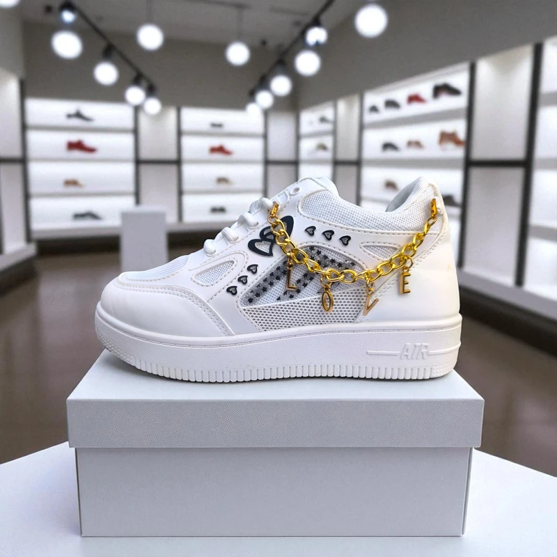228 - White Sneakers with Heart & Star Design & Gold Charm Chain – দারুন কিউট, ট্রেন্ডি মেয়েদের জন্য স্টাইলিশ চয়েস