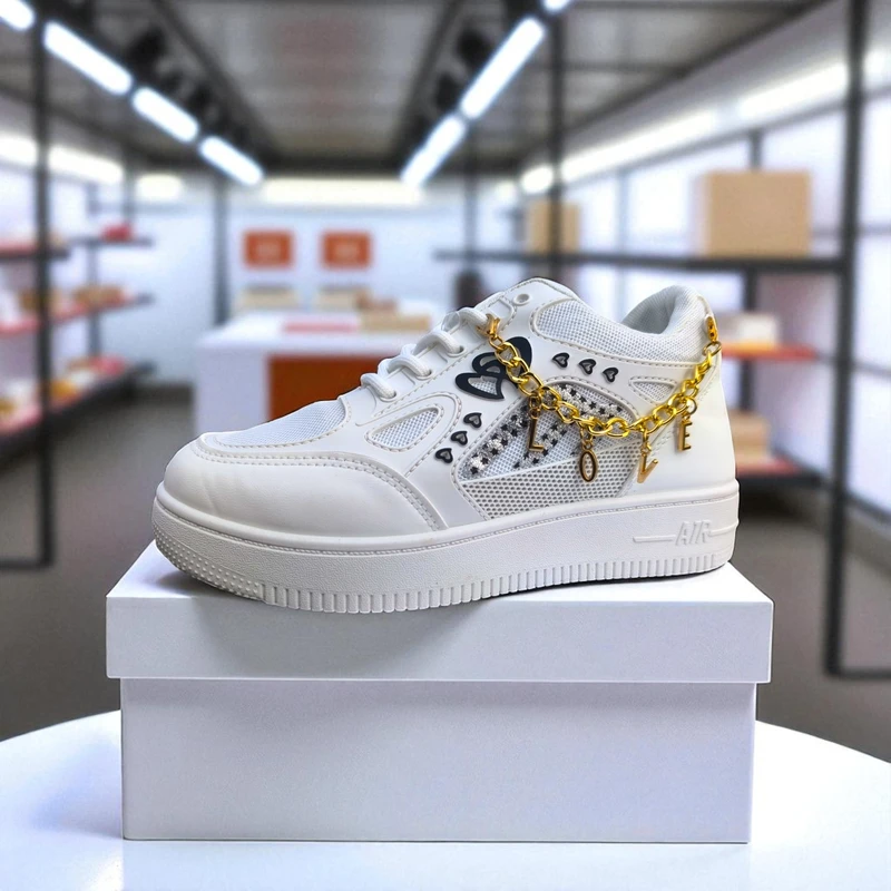 228 - White Sneakers with Heart & Star Design & Gold Charm Chain – দারুন কিউট, ট্রেন্ডি মেয়েদের জন্য স্টাইলিশ চয়েস