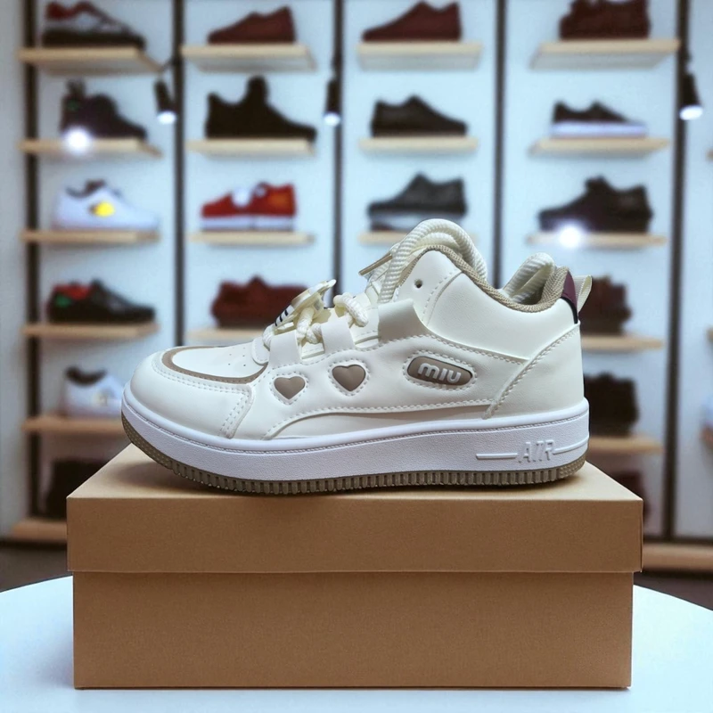 215-Brown Sneakers with Heart-Shaped Cutouts and "MIU" Branding—Chic & Playful Casual Footwear