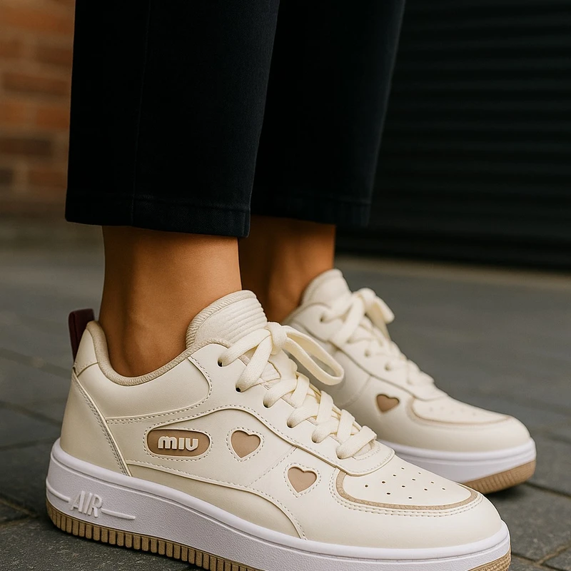 215-Brown Sneakers with Heart-Shaped Cutouts and "MIU" Branding—Chic & Playful Casual Footwear