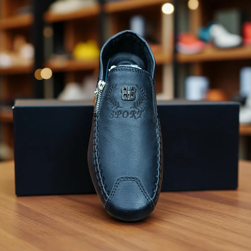 118 - Black Leather Slip-on Loafers with Zipper Design—Sophisticated and Comfortable Look