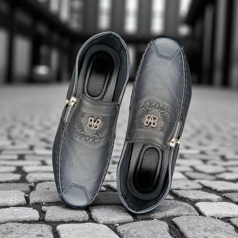 118 - Black Leather Slip-on Loafers with Zipper Design—Sophisticated and Comfortable Look
