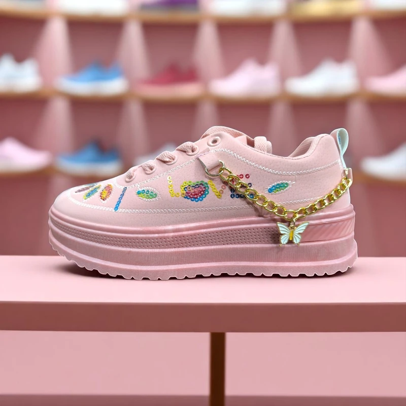226 - Pink Sneakers with Sequin "LOVE" Design and Butterfly Chain—Perfect for Trendy and Playful Days