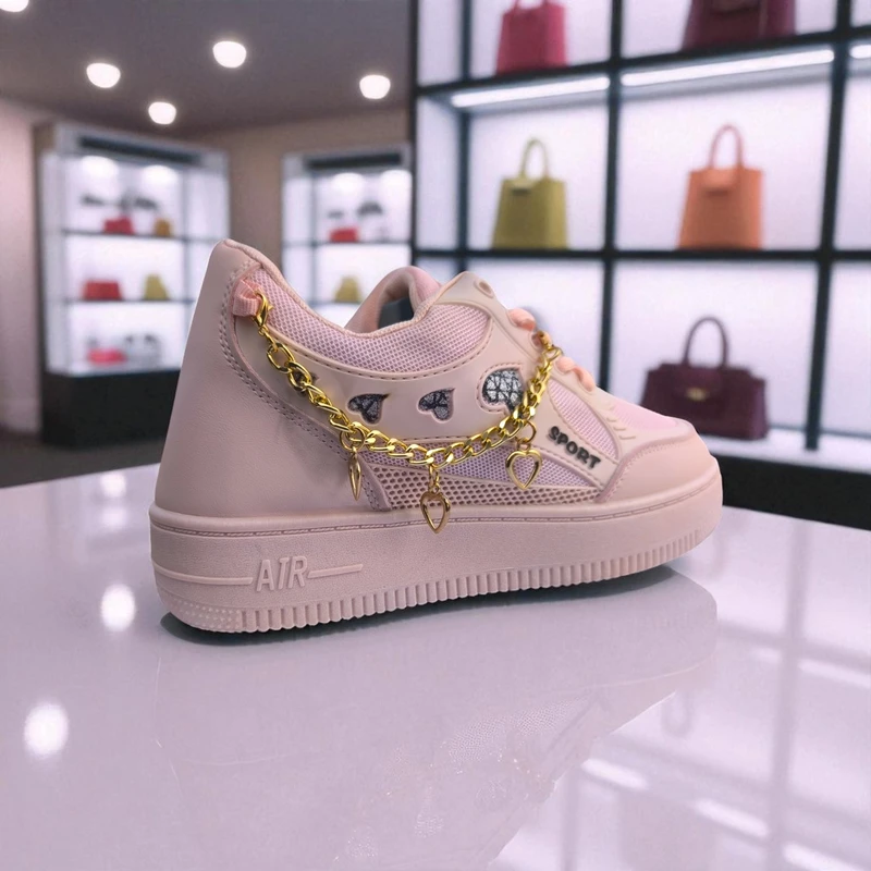 227 – Pink Sneakers with Heart Charms & Gold Chain – দারুন কিউট, স্টাইলিশ মেয়েদের জন্য একদম পারফেক্ট