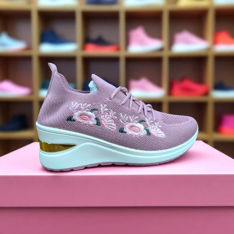 203 - Pink Wedge Sneakers with Knitted Design—Chic and Comfortable Look